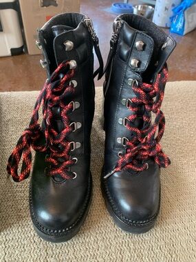 Sam Edelman Black Leather High Heeled Boots with Red-Black Laces